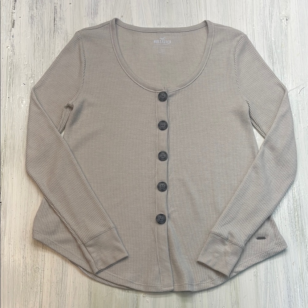 Hollister Light Gray/Cream Waffle Button-Down Shirt Sz S